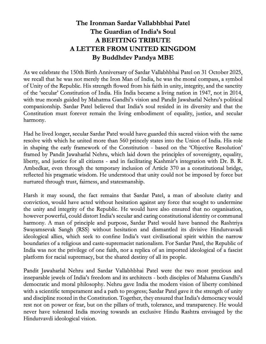 sampitroda's tweet image. I was thinking of writting a few words about our great leader Sardar Patel on his 150th birthday anniversary. I went to school in 1950 at Vidyanagar close to Karamsad in Gujarat - birthplace of Sardar Patel. As I started to write, I received this excellent tribute to Sardar Patel…