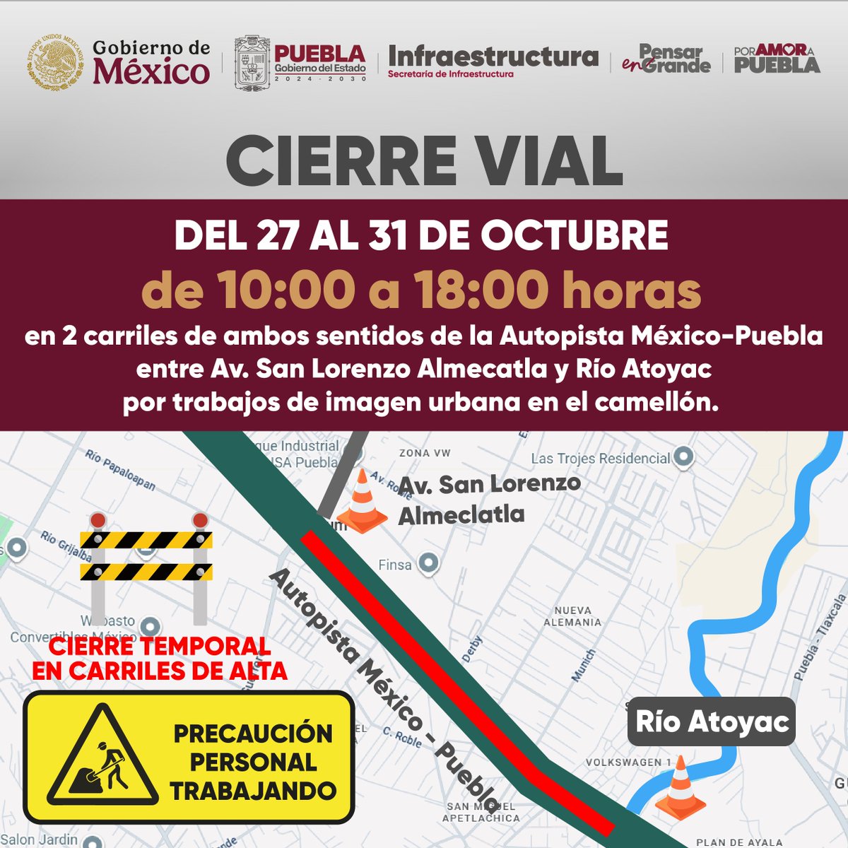 Secretaría de Infraestructura (@infragobpue) on Twitter photo 📰 #InfraInforma | CIERRE VIAL EN 2 CARRILES DE AMBOS SENTIDOS DE LA AUTOPISTA MÉXICO – PUEBLA ENTRE AV. SAN LORENZO ALMECATLA y RÍO ATOYAC.
🚧 El <a href="/Gob_Puebla/">Gobierno de Puebla</a> a través de esta dependencia realiza trabajos de imagen urbana en el camellón.
Recuerda que las molestias son 📰 #InfraInforma | CIERRE VIAL EN 2 CARRILES DE AMBOS SENTIDOS DE LA AUTOPISTA MÉXICO – PUEBLA ENTRE AV. SAN LORENZO ALMECATLA y RÍO ATOYAC.
🚧 El <a href="/Gob_Puebla/">Gobierno de Puebla</a> a través de esta dependencia realiza trabajos de imagen urbana en el camellón.
Recuerda que las molestias son