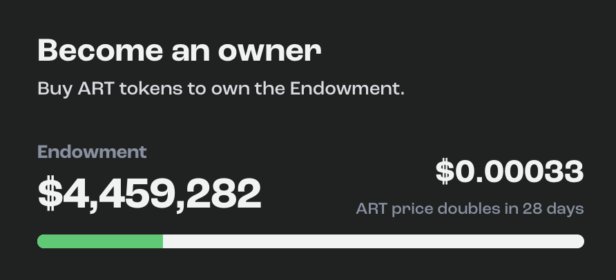 RJPinnell's tweet image. Artizen endowment is up to $4,459,282 🧠🤯🚀💰.

28 days left to hit $6M before price of ART doubles. 

Internet magic money, do your thing.
