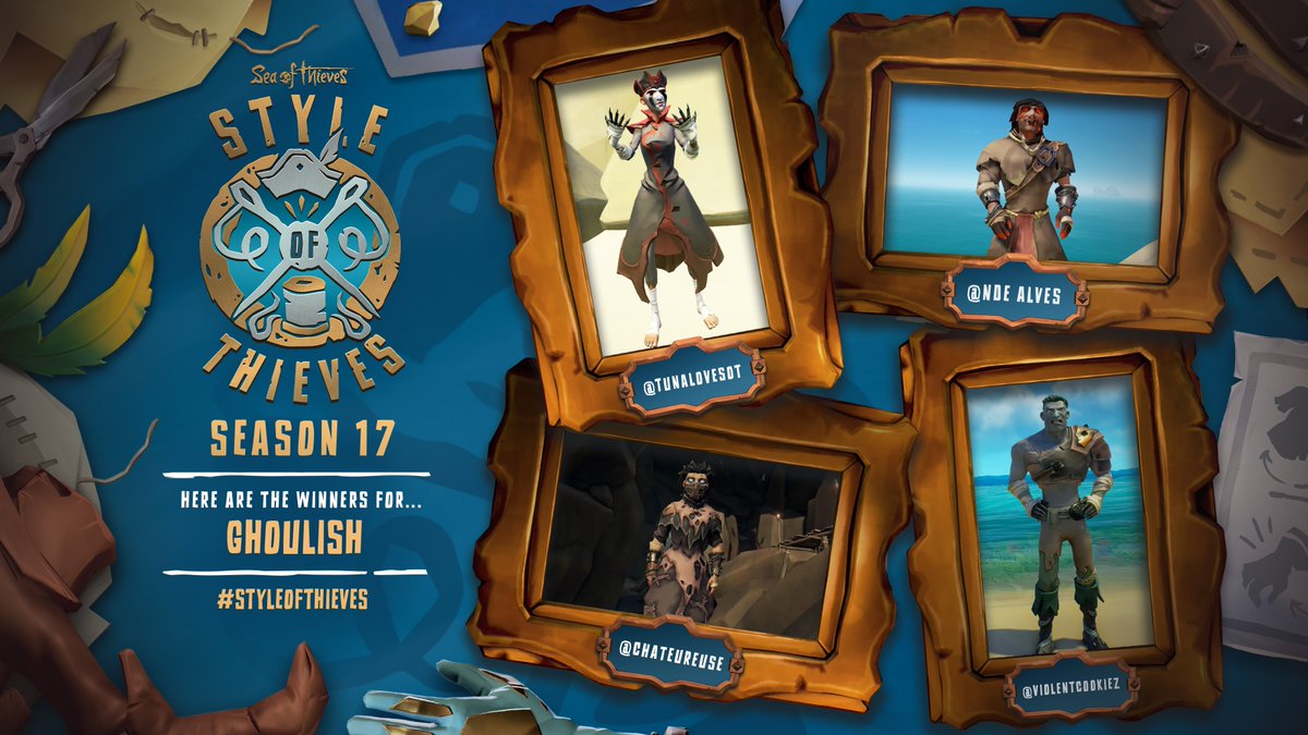 SeaOfThieves's tweet photo. The final theme summoned seasonally-inspired styling through its Ghoulish theme, and our crew were suitably spooked by the monstrous garments of @tunaloveSOT, Discord's Nde alves, Instagram's chateureuse and Bluesky's violentcookiez. Congratulations to all the winners! https://t.co/oTpUP72Cj1