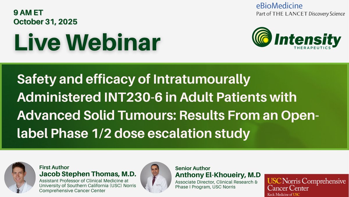 IntensityInc's tweet image. Tomorrow at 9 AM ET, $INTS will host a live webinar with authors from @uscnorris &amp;amp; CEO @LewBender on the @eBioMedicine study of INT230-6 in advanced solid tumors. Join to hear key insights from the Phase 1/2 trial.

Register: bit.ly/3Wu6ObT

#eBioMedicine @DrElkhoueiry