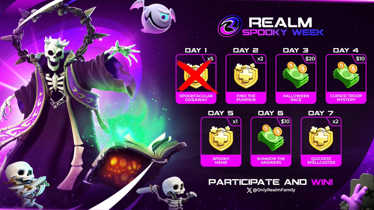 🎃 REALM SPOOKY WEEK – Day 2 🎃

The Pumpkin King has scattered his cursed pumpkins across the Realm… 👻
Find all 5 hidden pumpkins 🧡 (reacted by us) before anyone else and claim your Gold Pass reward! 🏆

2 rounds. 2 Gold Passes. Endless chills. 🌑

Join now!