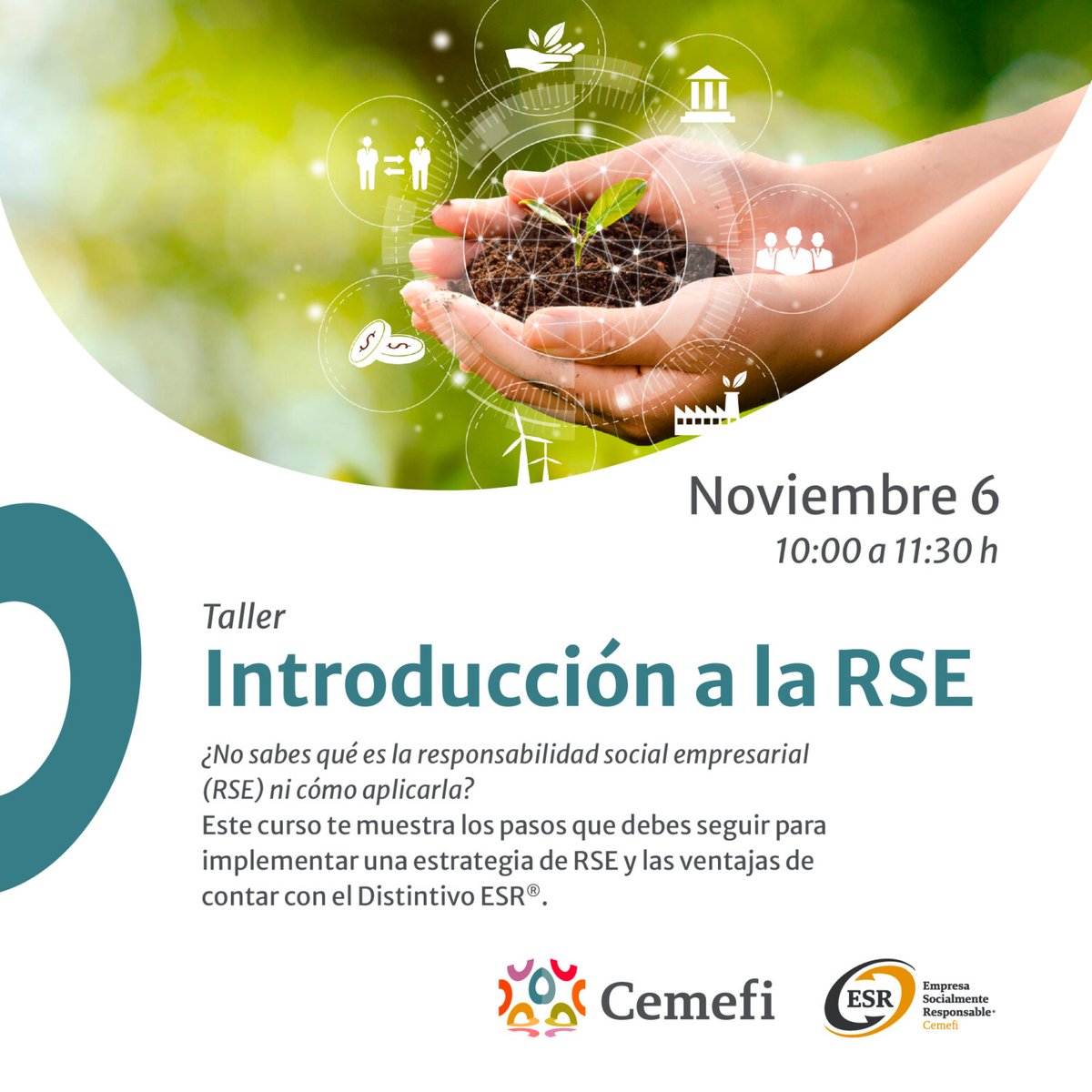 Cemefi Responsabilidad Social Empresarial (@cemefi_rse) on Twitter photo 🎯 Conoce los elementos clave de la Responsabilidad Social Empresarial y los beneficios de obtener el #DistintivoESR®.
🙌 Participa en nuestro taller gratuito y lleva tu empresa al siguiente nivel en sostenibilidad.
🗓️ 6 de noviembre
⏰ 10:00 h
📝 Registro cemefi.org/taller-rse-cem… 🎯 Conoce los elementos clave de la Responsabilidad Social Empresarial y los beneficios de obtener el #DistintivoESR®.
🙌 Participa en nuestro taller gratuito y lleva tu empresa al siguiente nivel en sostenibilidad.
🗓️ 6 de noviembre
⏰ 10:00 h
📝 Registro cemefi.org/taller-rse-cem…