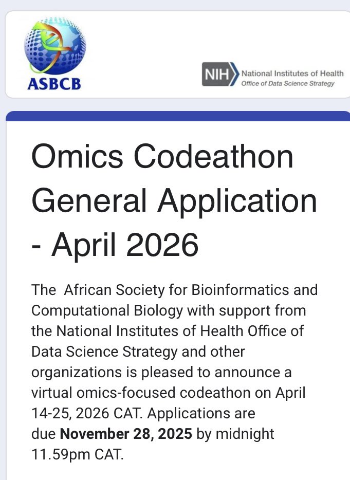 AfrBioInstitute's tweet image. Opportunity alert 🔔 Omics Codeathon General Application - April 2026 OPEN ‼️ codeathon will take place from April 14-25, 2026 CAT.
📅Applications are due November 28, 2025 by midnight 11.59pm CAT.
ℹ️More information: lnkd.in/eb7aCahj
#Bioinformatics #Africa