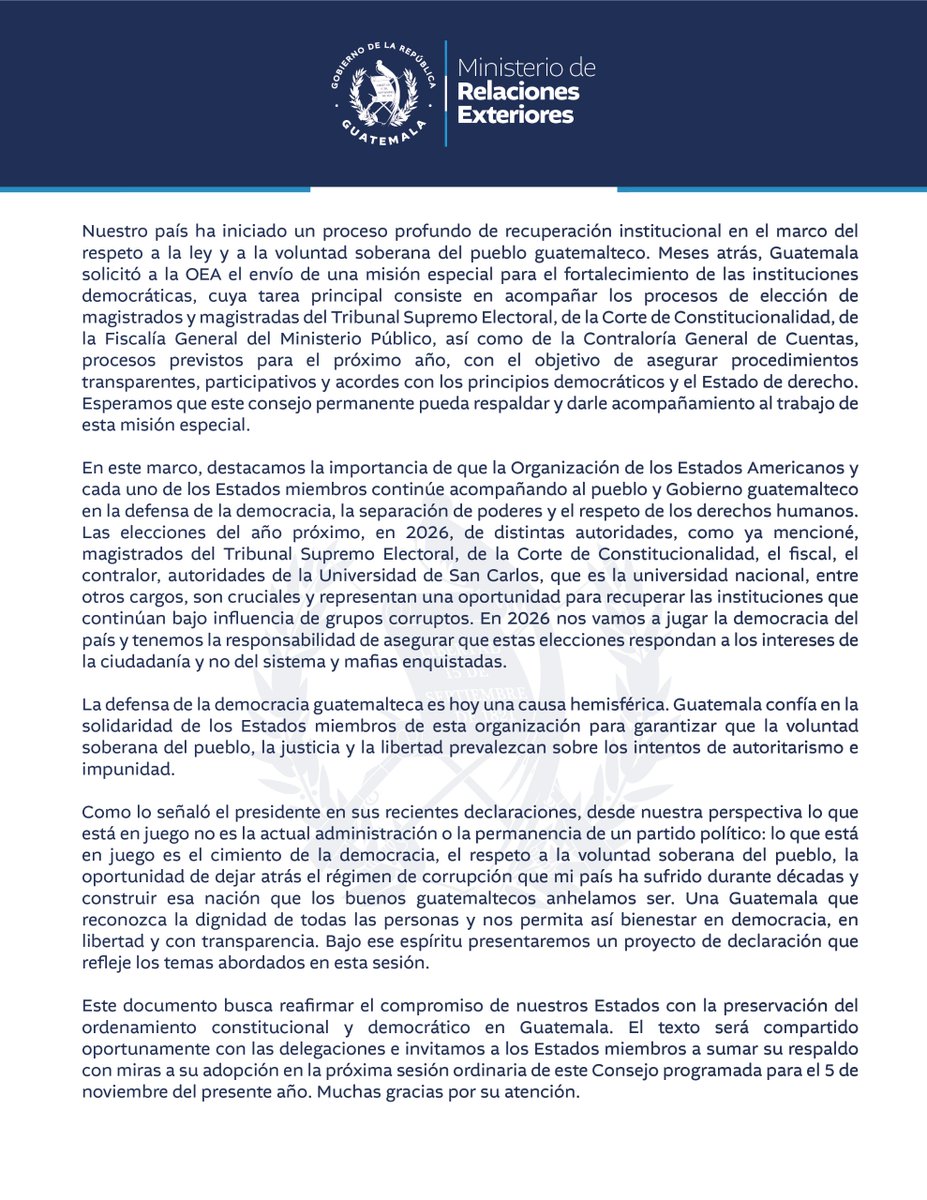 Intervención del Ministro de Relaciones Exteriores de Guatemala, Embajador Carlos Ramiro Martínez Alvarado.

Sesión Extraordinaria del Consejo Permanente de la  <a href="/OEA_oficial/">OEA</a> bajo el tema: “Análisis de las graves amenazas al ordenamiento constitucional y democrático en Guatemala”.