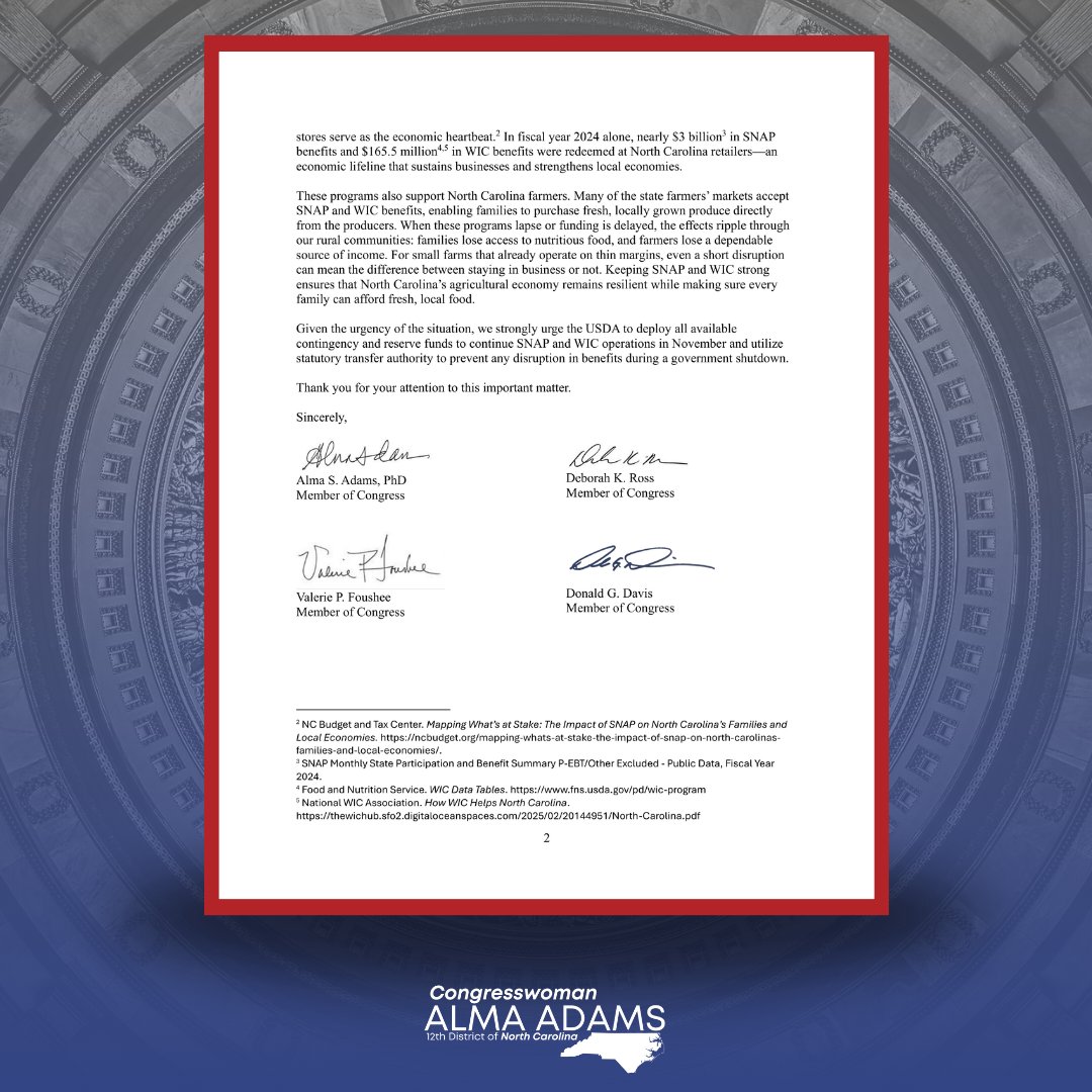 RepAdams's tweet image. Today, my fellow NC Democrats @RepDeborahRoss, @ValerieFoushee, @RepDonDavis, and I sent a letter to the USDA calling on them to administer SNAP funds in November.

Hungry people are not political pawns.

Learn more here: adams.house.gov/media-center/p…