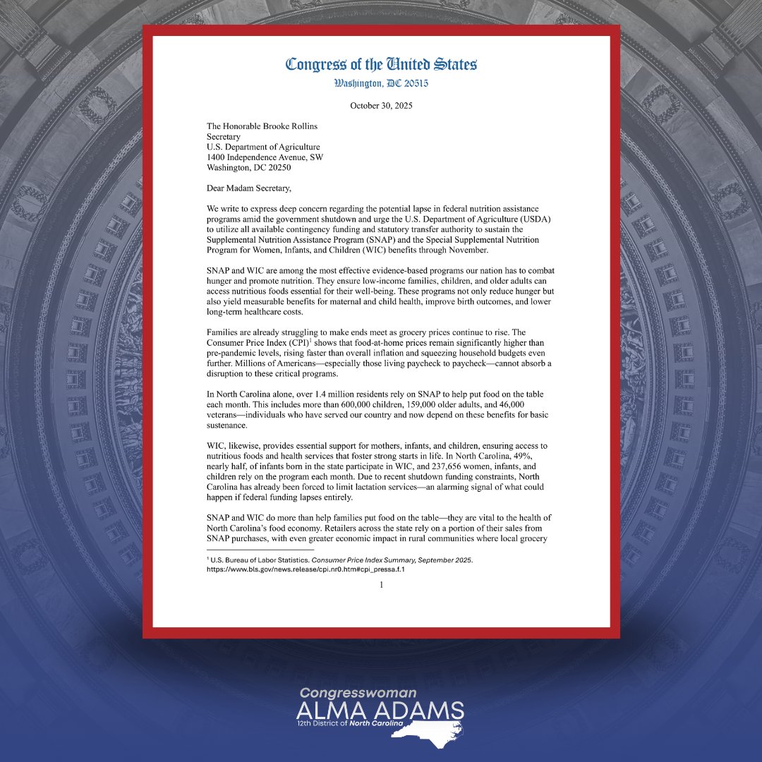 RepAdams's tweet image. Today, my fellow NC Democrats @RepDeborahRoss, @ValerieFoushee, @RepDonDavis, and I sent a letter to the USDA calling on them to administer SNAP funds in November.

Hungry people are not political pawns.

Learn more here: adams.house.gov/media-center/p…