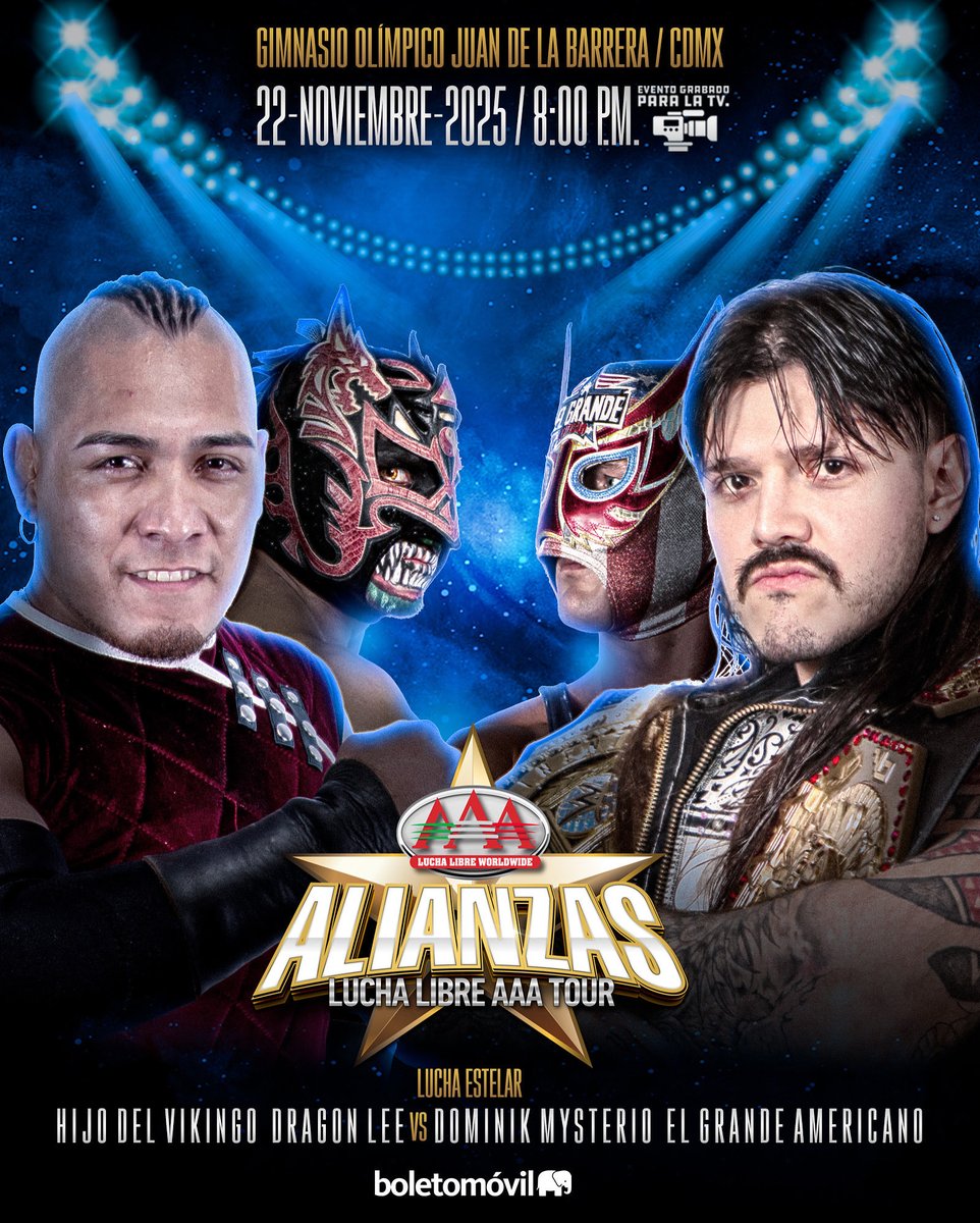 ¡Lucha súper estelar en CDMX! 🇲🇽

Hijo del Vikingo y Dragon Lee vs. Dominik Mysterio y El Grande Americano 

22 de noviembre, Gimnasio Olímpico Juan de la Barrera.