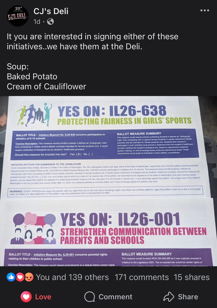 If anyone is near or in Bonney Lake, WA and needs lunch, stop by CJ’s Deli. They’re getting a lot of heat for having the two initiatives at their store. Also their food is delicious.