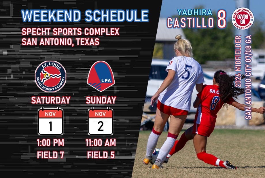 Tough lineup this weekend at Specht. 
 
<a href="/GAcademyLeague/">Girls Academy</a> <a href="/sacitysc/">San Antonio City Soccer Club</a> <a href="/SACity0708GA/">SA City 07/08 GA</a>  <a href="/6a_28/">SA High School & Club Soccer</a> <a href="/ImCollegeSoccer/">College Soccer Truth ™</a> <a href="/soccer_warren/">Warren Girls Soccer</a> <a href="/PrepSoccerTX/">Prep Soccer Texas</a> <a href="/PrepSoccer/">Prep Soccer ⚽️</a> <a href="/TheSoccerWire/">SoccerWire</a> <a href="/CollegeSoccerID/">College Soccer ID</a> <a href="/jgrimleysoccer/">Jane Grimley-Gunn</a> <a href="/CoachGeorge23/">Coach George</a>