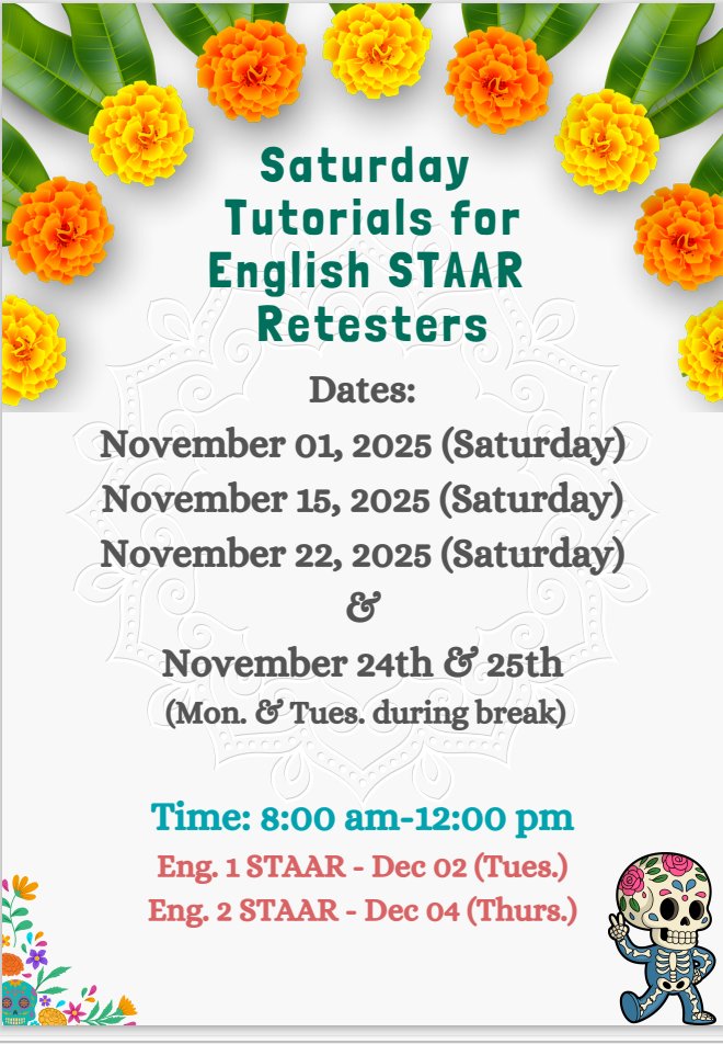 Join us this Saturday for English STAAR tutorials from 8am-12noon.
Don’t miss out - every session brings you closer to success!