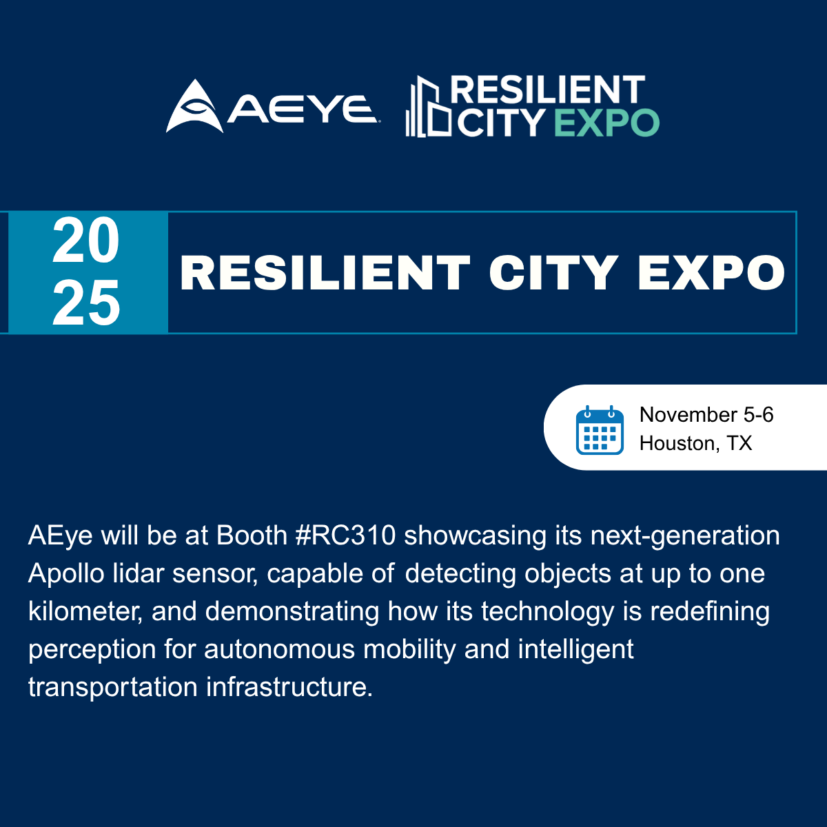 Next stop: Houston! We’ll be showcasing our next-generation Apollo #lidar sensor at the Resilient City Expo in Houston, TX, November 5-6. Stop by Booth #RC310 to meet our team and learn more about how #Apollo is redefining the future of #autonomous mobility. Contact