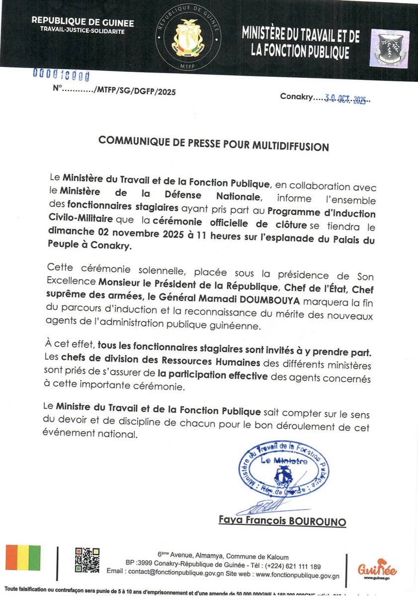 Clôture officielle du Programme d’Induction Civilo-Militaire : une cérémonie placée sous la haute présidence du Président de la République, le Général Mamadi DOUMBOUYA, ce dimanche 2 novembre au Palais du Peuple