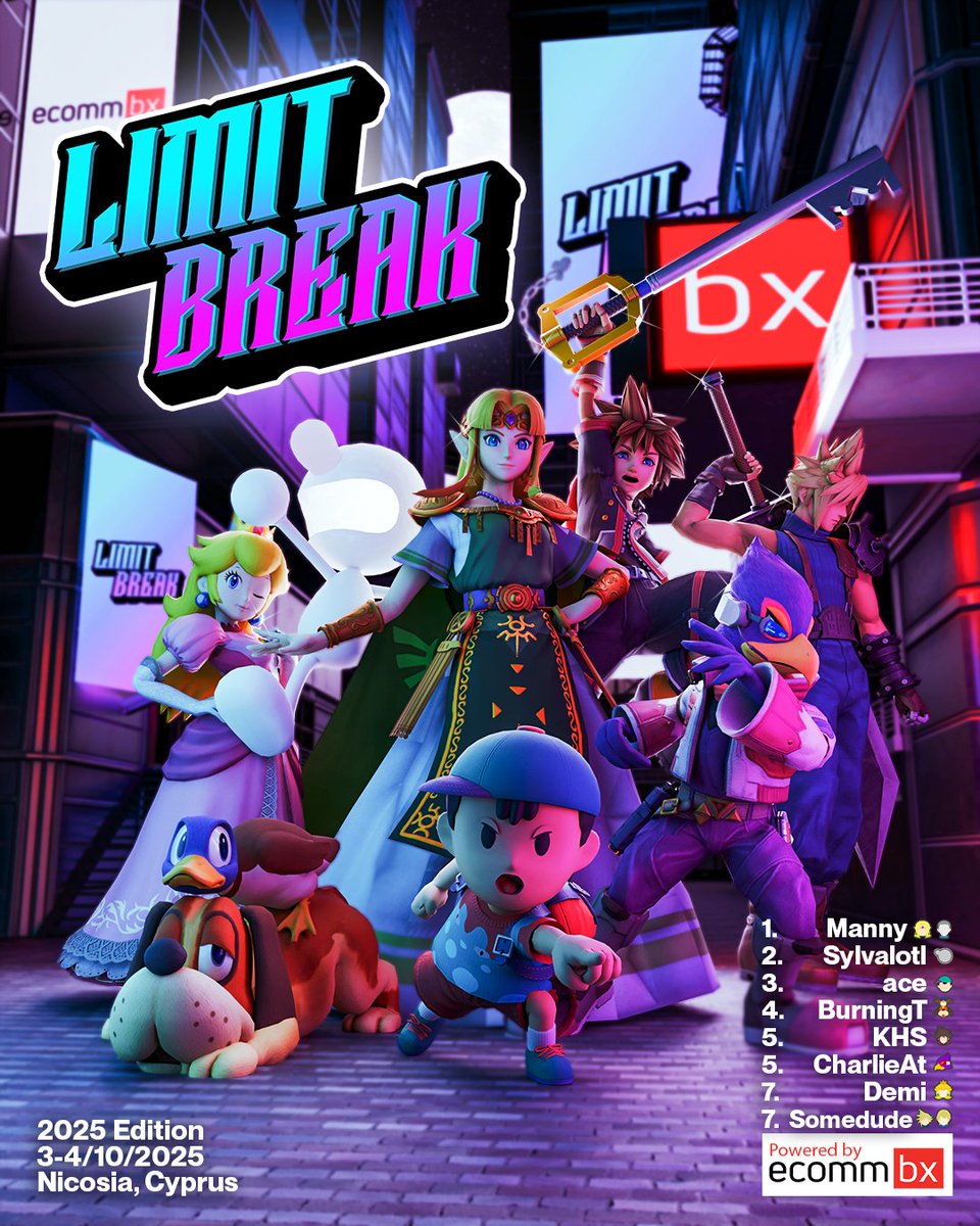 Top 8 for Limit Break 2025 at <a href="/CyprusComicCon/">Cyprus Comic Con</a> powered by <a href="/ecommbx/">ECOMMBX</a>! 🏆 

1st: <a href="/Manny3e/">Manny 🌠</a>
2nd: <a href="/Sylvalotl/">Sylvalotl 🐍</a>
3rd: <a href="/aceness_/">ace</a>
4th: <a href="/BurningT_/">tom burning</a>
5th: <a href="/KHS_SSB/">KHS</a>
5th: <a href="/CharlieAttipa/">Charlie Attipa</a>
7th: <a href="/Psychotropea/">Demi</a>
7th: <a href="/Somedude_SSBU/">Somedude</a>
Graphic by <a href="/chipppup/">graham!</a> 🙏