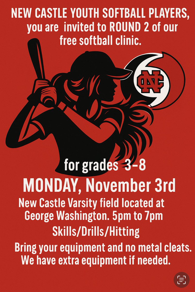 NewCastleAreaSD's tweet photo. NC Girls Softball invites students in Grades 3-8 to a FREE softball clinic on November 3rd. 

Check out the pictures below from the last clinic and be sure to mark your calendars to join the fun on Monday, November 3rd! https://t.co/YR2uTUEGyz
