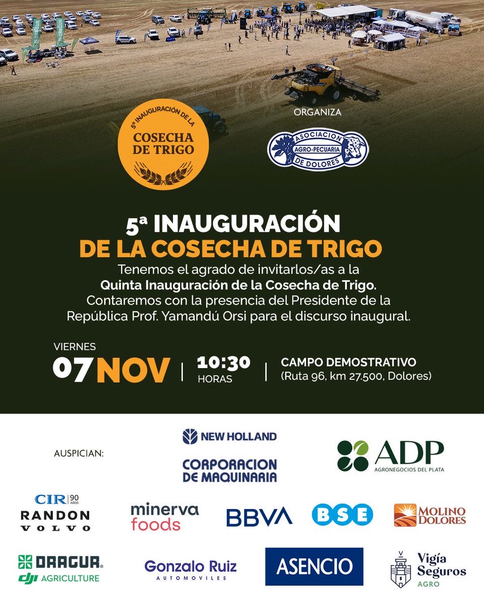 🌾 Se viene la 𝗤𝘂𝗶𝗻𝘁𝗮 𝗜𝗻𝗮𝘂𝗴𝘂𝗿𝗮𝗰𝗶ó𝗻 𝗱𝗲 𝗹𝗮 𝗖𝗼𝘀𝗲𝗰𝗵𝗮 𝗱𝗲 𝗧𝗿𝗶𝗴𝗼

🗓 Viernes 7 de noviembre
🕥 10:30 h
📍 Campo Demostrativo – Ruta 96, km 27.500, Dolores
👇