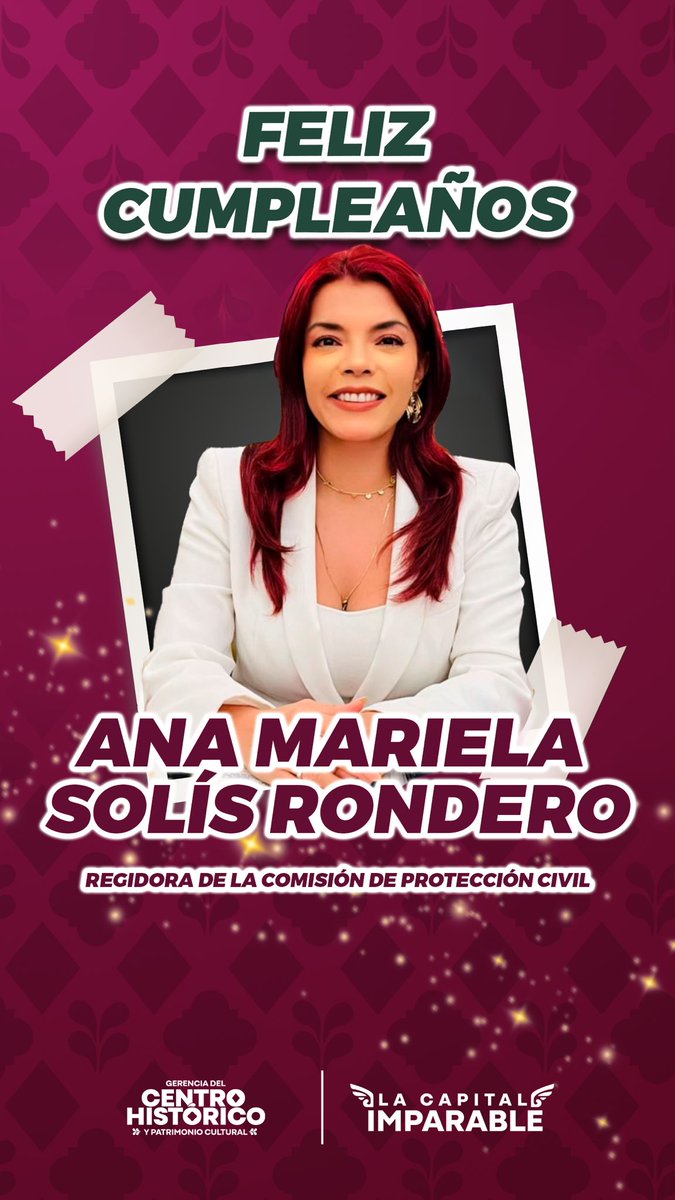 Muchas felicidades por su cumpleaños, regidora <a href="/_marielasolis/">Mariela Solís</a> . Desde la <a href="/gerenciachpue/">Gerencia del Centro Histórico y Patrimonio</a> le enviamos un fuerte abrazo y nuestros mejores deseos. 🎂
