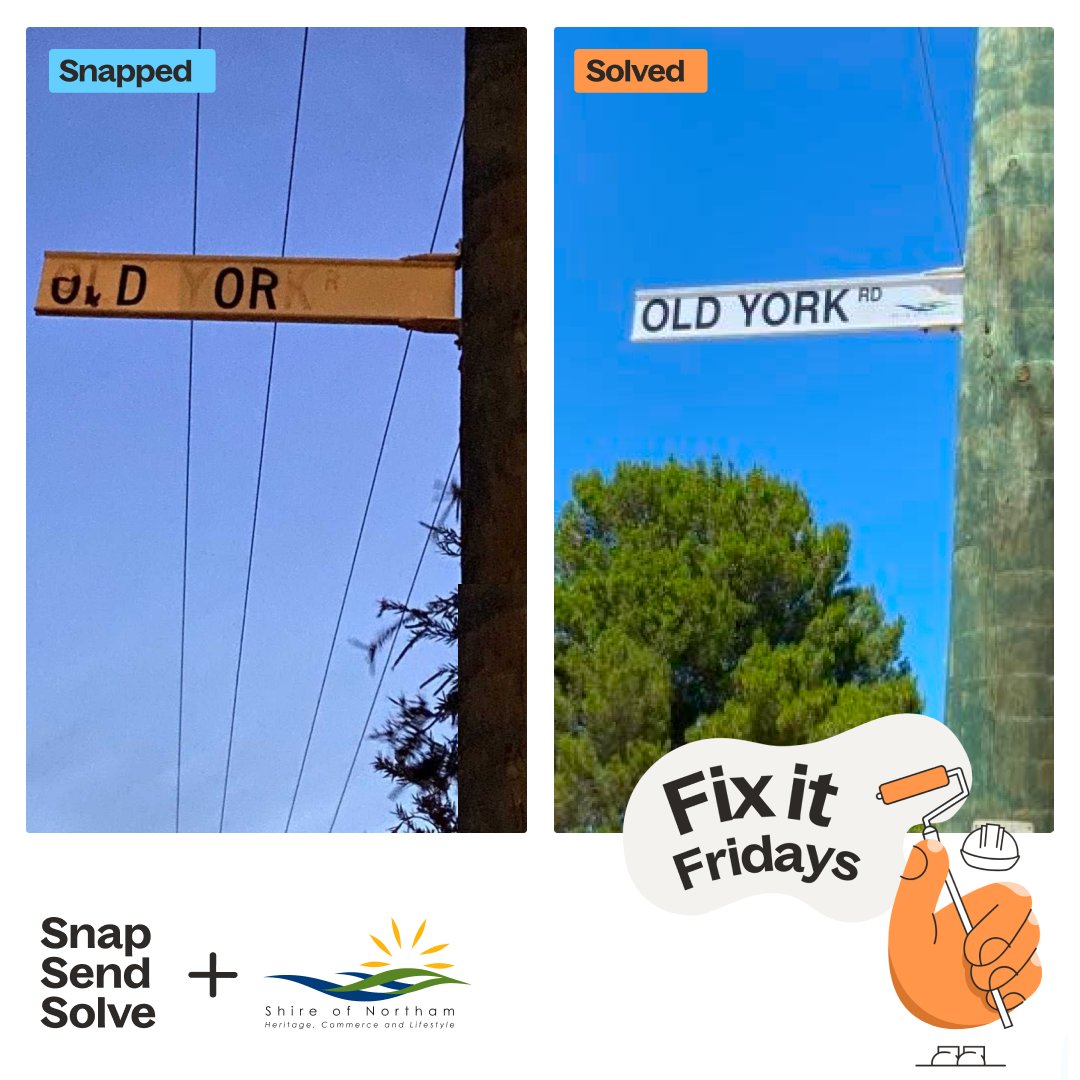 SnapSendSolve's tweet image. Navigating a new area is hard enough; pair that with a faded street sign and good luck finding where you’re going.

This week’s Fix-It Friday goes to the @ShireofNortham, who gave this tired sign a well-earned refresh.

#FixItFriday #SnapSendSolve #ShireOfNortham