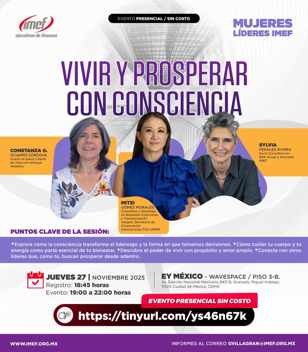 Descubre cómo la consciencia puede transformar tu liderazgo y tu bienestar 🌿

Acompáñanos en este evento presencial sin costo y explora el poder de vivir con propósito, equilibrio y plenitud junto a mujeres líderes que inspiran 💜

🔗 Regístrate aquí 👉 tinyurl.com/ys46n67k