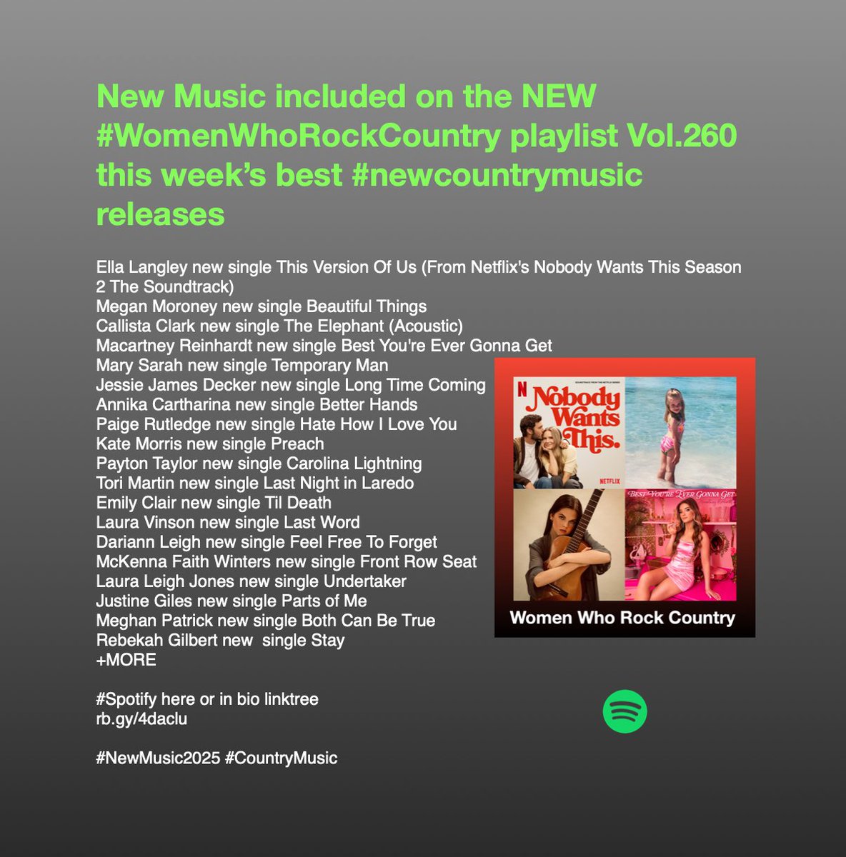 New Music included on the NEW #WomenWhoRockCountry playlist Vol.260 this week’s best #newcountrymusic 
<a href="/MarySarahMusic/">Mary Sarah</a>
<a href="/JessieJDecker/">Jessie James Decker</a>
<a href="/AnnikaCatharina/">Annika Catharina</a>
<a href="/paigerrutledge/">Paige Rutledge</a>
<a href="/paytontaylorB/">Payton Taylor</a>
<a href="/thetorimartin/">Tori Martin</a>
<a href="/EmilyClairMusic/">EmilyClairMusic</a>
<a href="/DariannLeigh/">Dariann Leigh</a>
<a href="/LauraLeighJones/">Laura Leigh Jones</a>

#NewMusic2025 #CountryMusic
