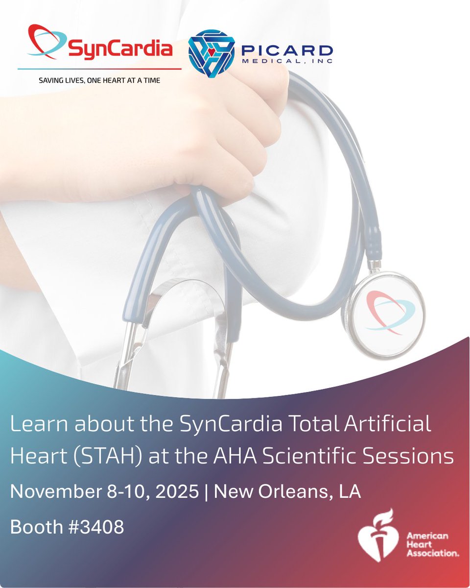 We’re headed to the AHA Scientific Sessions in Louisiana next week! #AHA25 ❤️

Visit Booth 3408 to connect with the <a href="/SynCardia/">SynCardia Total Artificial Heart</a>  team and learn how the Total Artificial Heart is helping give patients with end-stage heart failure a second chance at life.