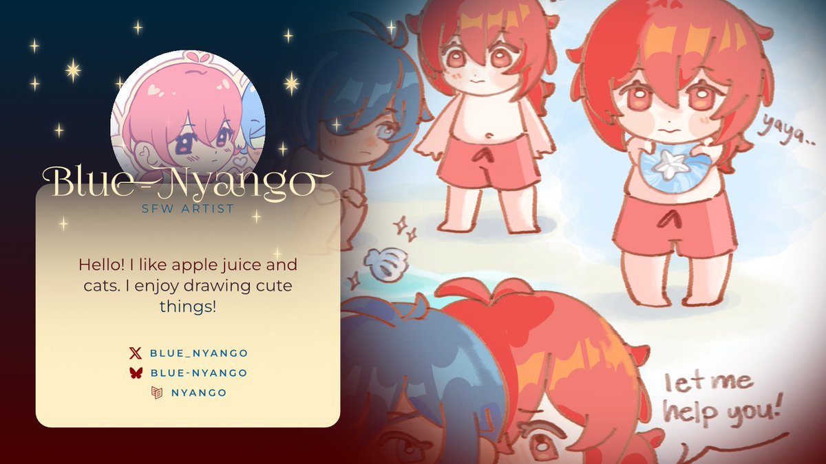 ✨ CONTRIBUTOR SPOTLIGHT ✨

We're happy to introduce Nyango <a href="/blue_nyango/">nyango 🍏</a>! Nyango's Kaeya and Diluc are the cutest and we just can't wait to swallow them whole! Look forward to his work within our pages~