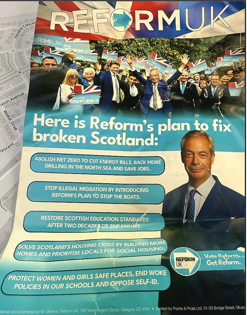 sud55_allan's tweet image. Is there any election promise on this Reform leaflet that the Scottish Conservatives couldn't put on their election leaflets? @TessWhite4NE  @AndrewBowie_MP  @AJABurnett  @LiamKerrMSP 
Or that Labour shouldn't? @Anas Sarwar @michaelmarramsp

And combine to beat the SNPGreens?