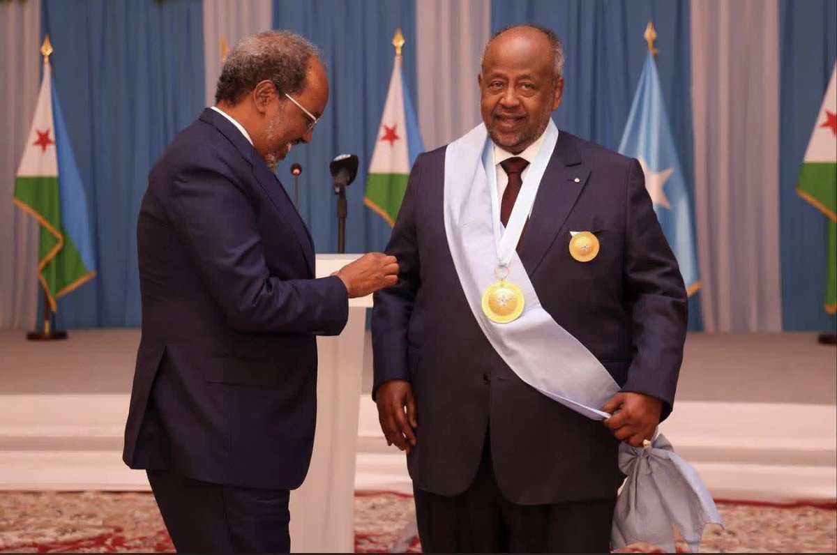Mohamed Abdi Ware (@mawareso) on Twitter photo Tonight, at the Djibouti Presidential Palace, I was honored to witness President <a href="/HassanSMohamud/">Hassan Sheikh Mohamud</a> confer Somalia’s Highest Honor on President <a href="/IsmailOguelleh/">Ismail Omar Guelleh</a>, as a sign of National gratitude for President Guelleh’s successful shepherding of the Arta Peace Process that led to the Tonight, at the Djibouti Presidential Palace, I was honored to witness President <a href="/HassanSMohamud/">Hassan Sheikh Mohamud</a> confer Somalia’s Highest Honor on President <a href="/IsmailOguelleh/">Ismail Omar Guelleh</a>, as a sign of National gratitude for President Guelleh’s successful shepherding of the Arta Peace Process that led to the