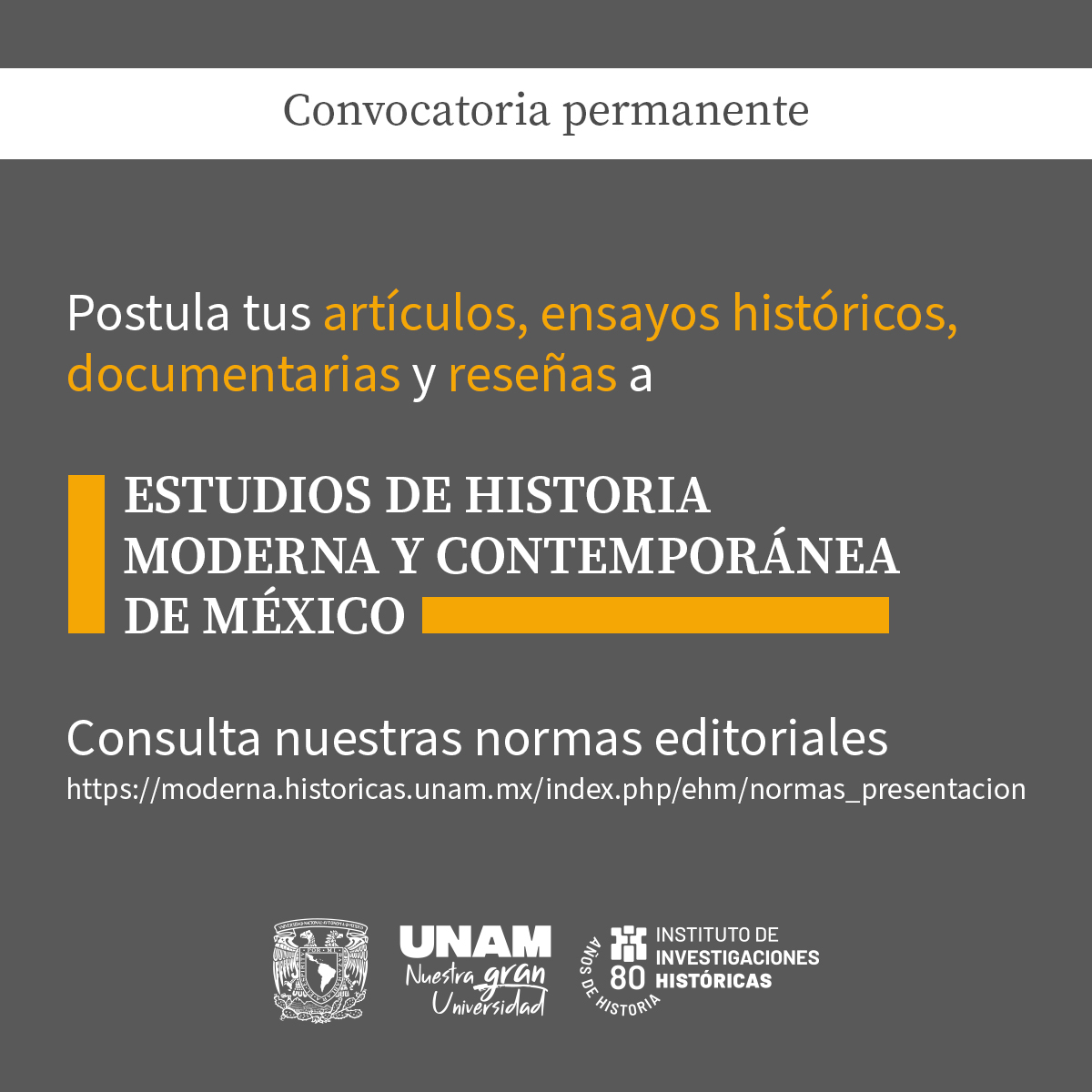Postula tus artículos, ensayos históricos, documentarias y reseñas a Estudios de Historia Moderna y Contemporánea de México.
Consulta nuestras normas editoriales:
moderna.historicas.unam.mx/index.php/ehm/…