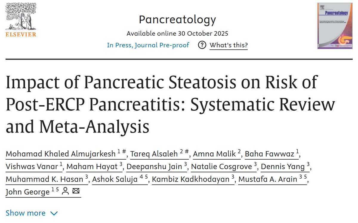 Excited to share our latest publication in Pancreatology

✅Systematic review of five studies with 2,197 patients 
⬆️Post-ERCP pancreatitis odds in pancreatic steatosis (OR 3.67; 95% CI 2.29–5.90)

Always thankful to my incredible coauthors and mentors!

doi.org/10.1016/j.pan.…