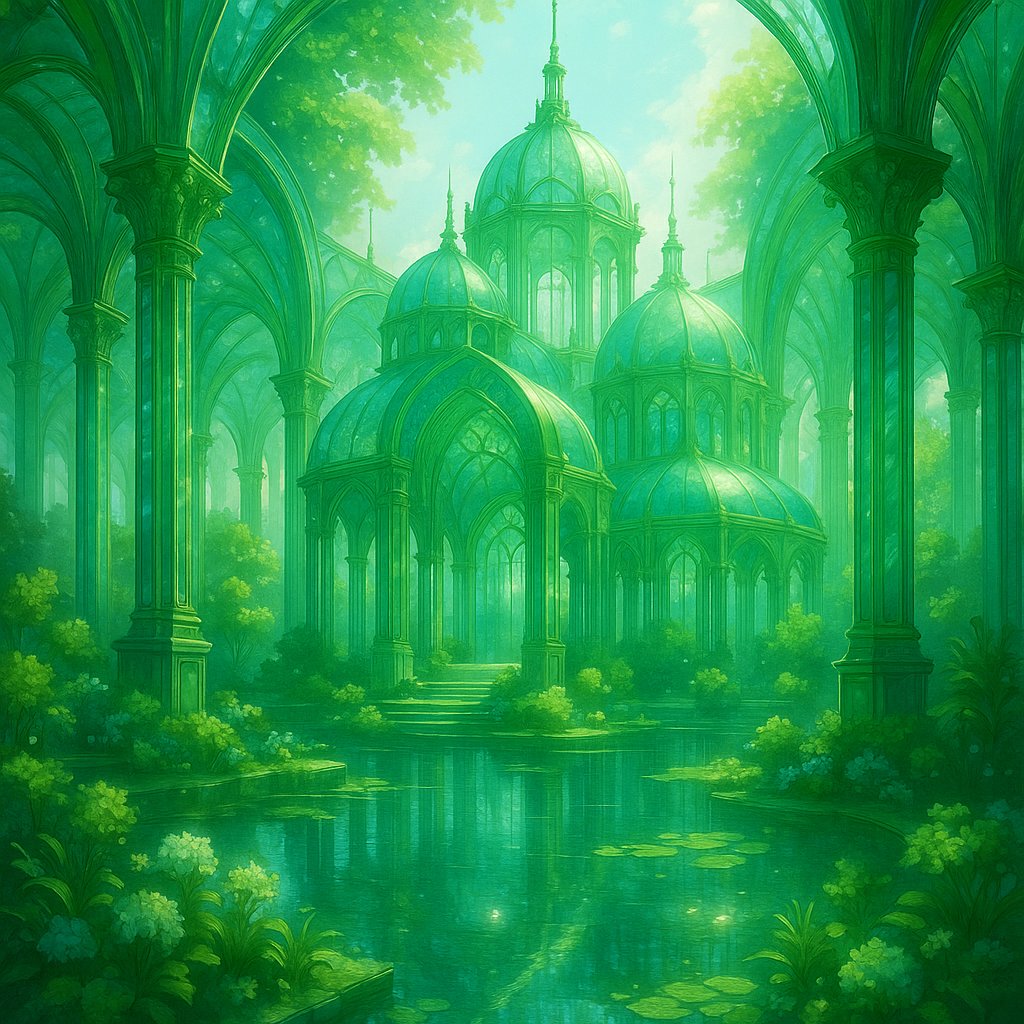 funfungen's tweet image. 💎翠玻璃の庭園宮  
翡翠の光に満ちた庭園宮。透明な柱が陽を受け、水と風が光の花を咲かせる。  
#幻想風景 #庭園宮 #翡翠色 #光の建築