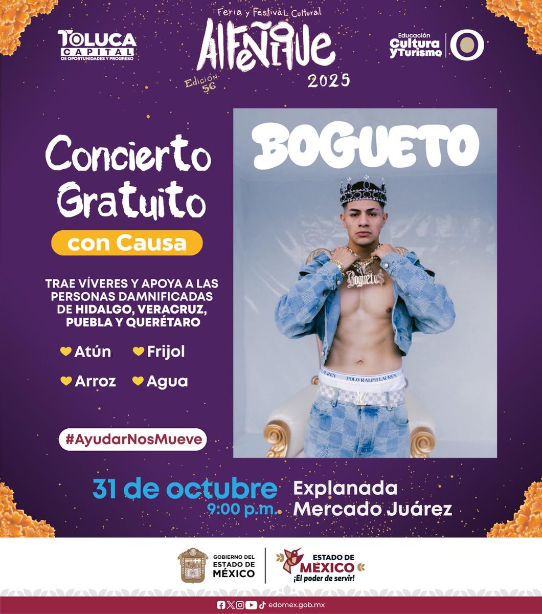 Edomex's tweet image. 🎼🕺Yeri Mua y Bogueto traen el flow a la #FeriaDelAlfeñique.
El “Concierto con causa” te espera en la explanada del Mercado Juárez, a las 9:00 p. m. 💀🏵️
#ElPoderDeServir