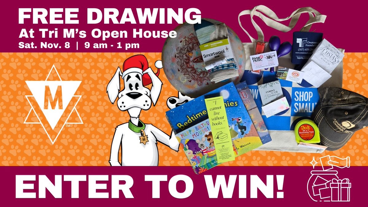 TriMGraphics's tweet image. 🎁 Don’t miss our FREE drawing during Tri M Graphics’ Holiday Open House — Nov. 8, 9 AM–1 PM!

Win a gift basket with items from Costa’s, Owatonna Shoe, OTB, Little Professor, Tone Music, Exchange Club of Owatonna and Cedar Floral
drawing at 1 PM.
👉 trimgraphics.com/feature/tri-m-…