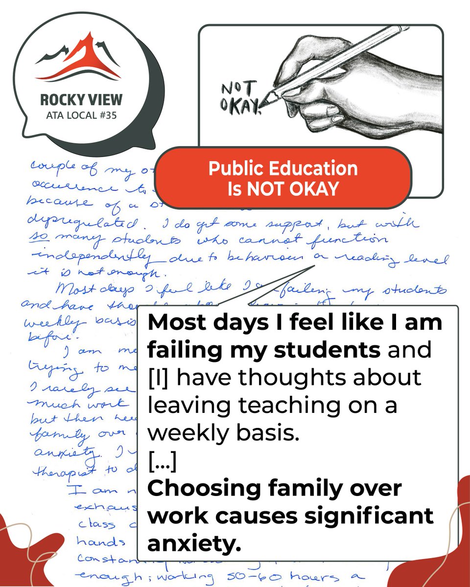 Public education is NOT OKAY.

We ask you to reflect, recognize the emotional toll, and take a stand for the future of public education.
📢 Share our messages.

📚 Get informed.

✊ Advocate fiercely.

Support public education. Support our future.
#Red4EdAB #AlbertaTeachers