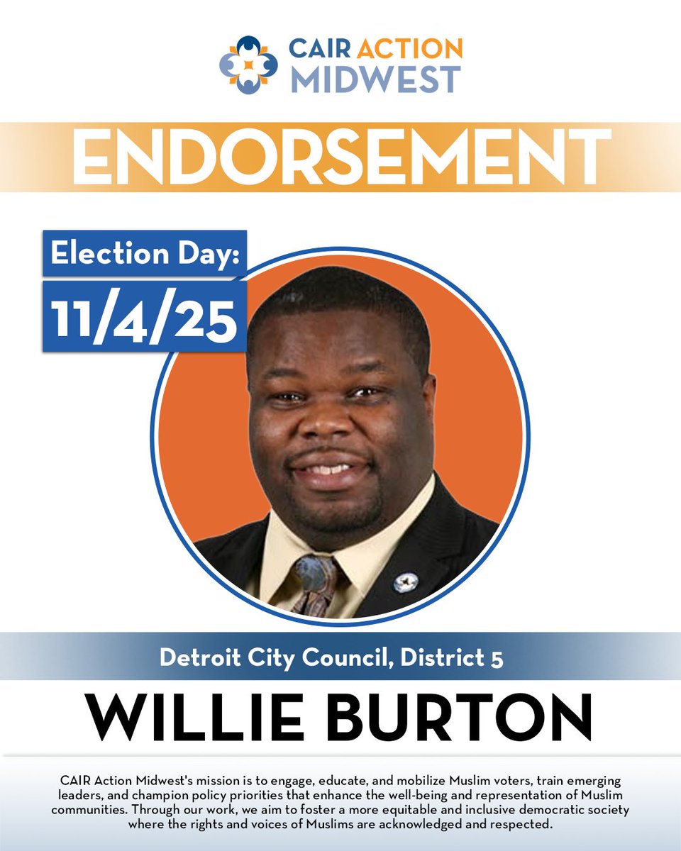 cairactionmw's tweet photo. We’re proud to endorse Willie Burton for Detroit City Council District 5!
Willie’s leadership on police accountability and government transparency represents the courage and integrity our communities deserve.
#CAIRAction #DetroitElections #WillieBurton https://t.co/WNXuHJtpeQ
