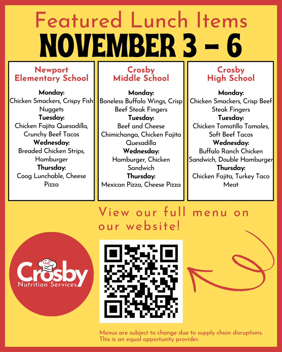 Hold onto your taste buds, a fantastic week is on its way to <a href="/CrosbyISD/">Crosby ISD</a> cafeterias!🥙🍩

Please see our complete menu on our website: schoolcafe.com/crosbyisd

*Menus are subject to change due to food availability.

Thank you for your patience and understanding!

<a href="/Crosby_Kinder/">Crosby Kindergarten Center</a>