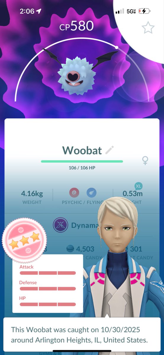 4* Dynamax Swoobat!!!

My tenth unique perfect Dynamax Pokemon. Excited to add it to my collection! An awesome find during this spooky season. 🦇 🎃 

#PokemonGO #Halloween2025