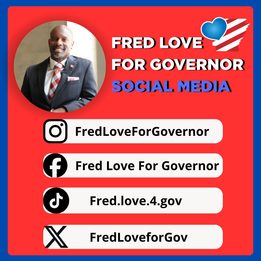 As my campaign kicks off, I want to make sure that I am hearing from all Arkansans! Make sure to connect with me on social media on all of my platforms so you can keep up with my fight and so that I can hear your voice, too. 🇺🇸🗣️📲 <a href="/FredLoveforGov/">Fred Love for Governor</a>
