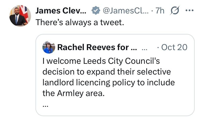 Howard &amp; Wheeler have apologised to Rachel Reeves for an “oversight” today after they did not apply for a licence on her behalf, having offered to do so.

Sit down Cleverly, or if you must stand, take a look at Robert Jenrick’s million pound propert developer fraud.