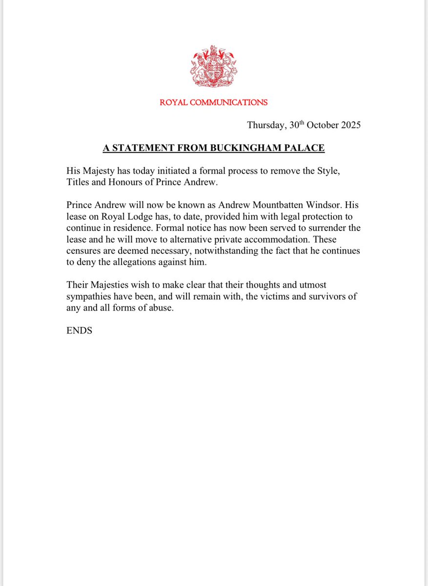 Prince Andrew is to lose his "prince" title and leave his Windsor mansion, Royal Lodge.