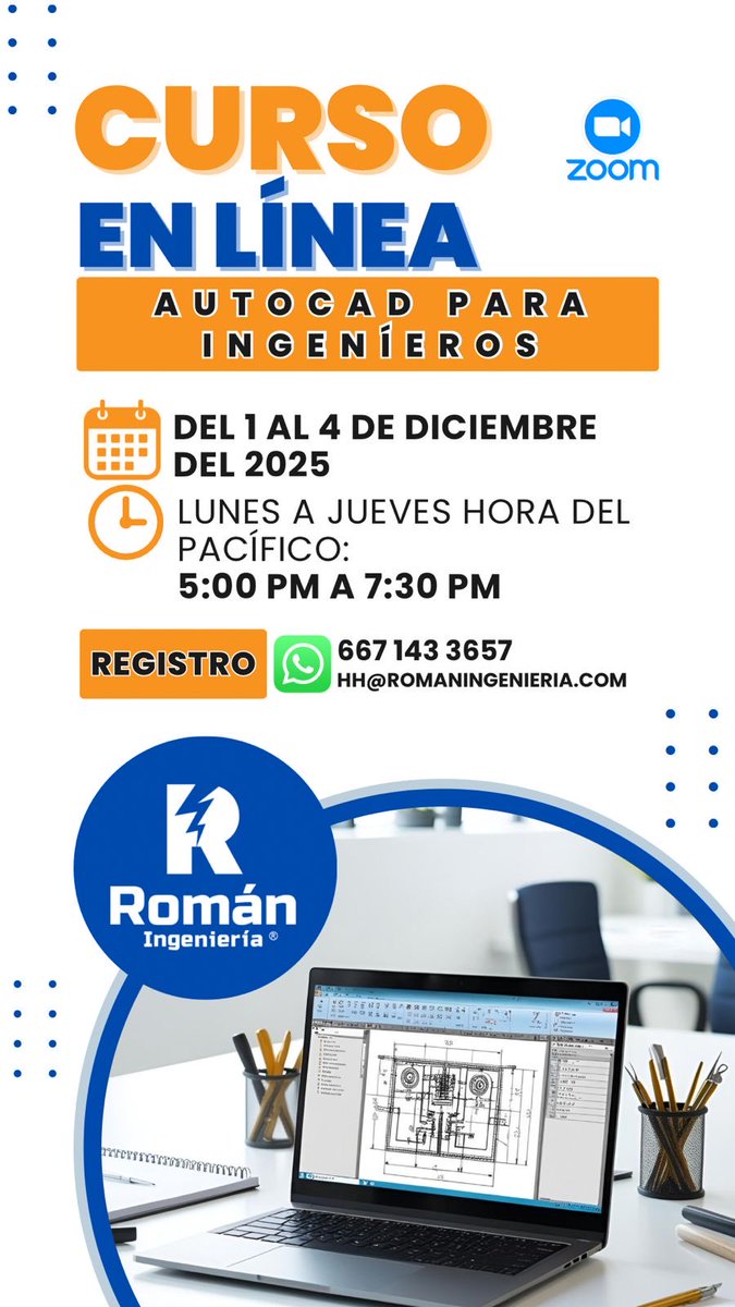 RomanIngenieria's tweet photo. Fechas nuevas 🗓️ para el curso AUTOCAD PARA INGENIEROS 👨🏻‍💻 👩🏻‍💻 modalidad en línea por zoom, los días 1 al 4 de diciembre de 17:00-19:30 horas, más información vía MD, celular 📲 y correo 📧, que aparecen en esta publicación #AUTOCADParaIngenieros #RománIngeniería https://t.co/II4L4jzaEN