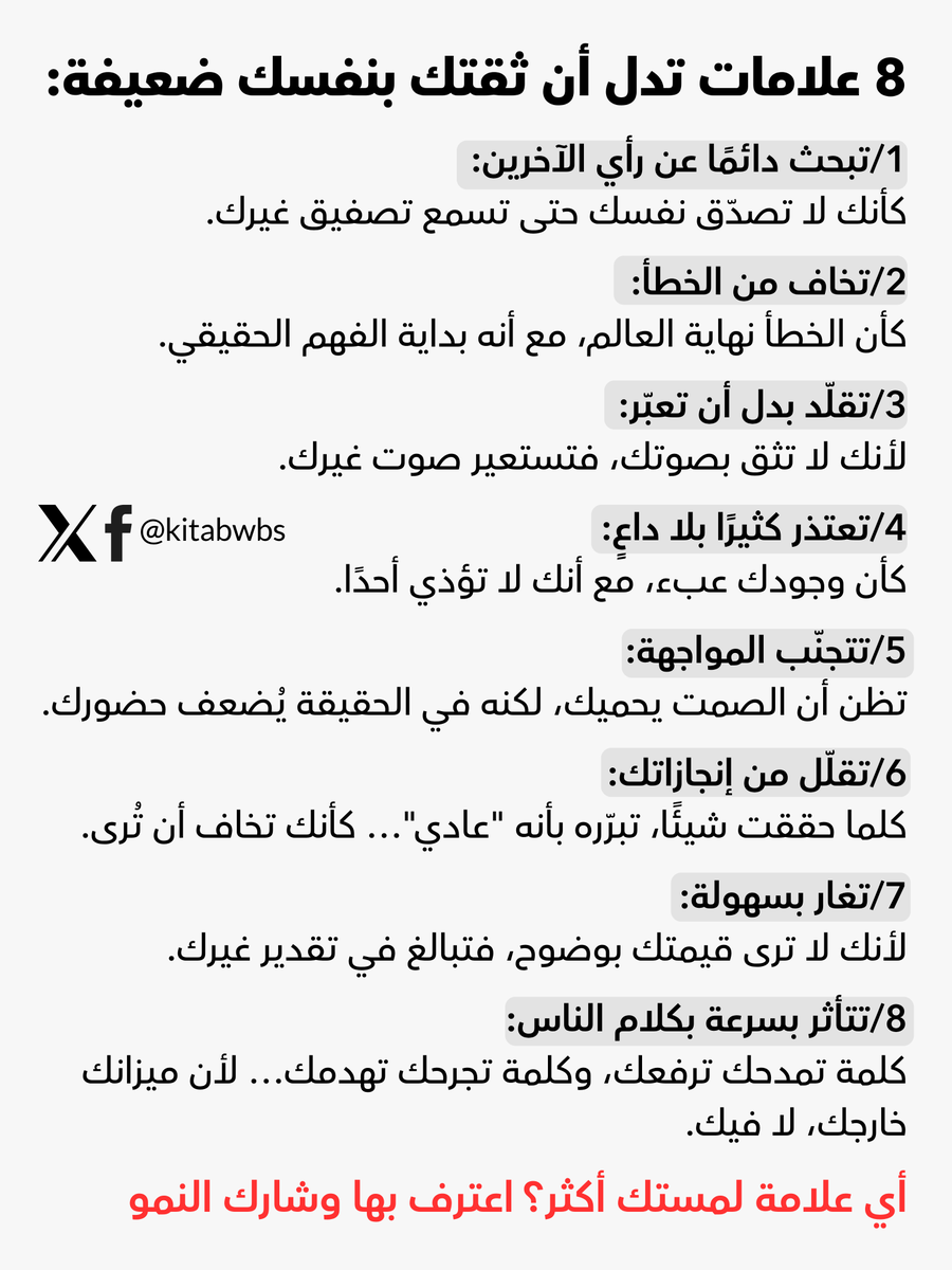 kitabwbs's tweet photo. 8 علامات تدل أن ثقتك بنفسك ضعيفة: https://t.co/s1o27GF0sh