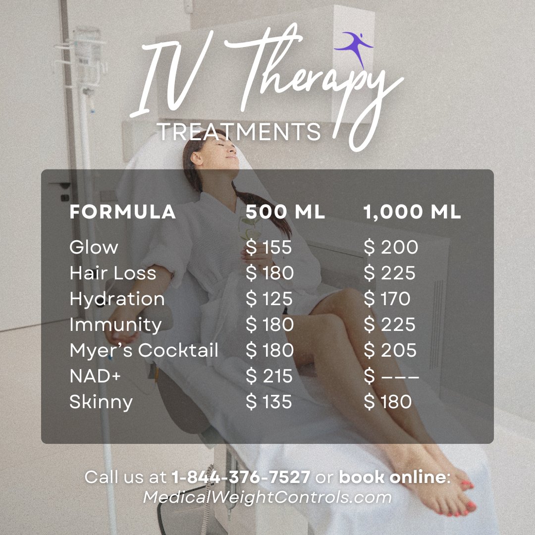 MWeightControls's tweet image. 💧 Recharge, refresh, and feel your best! 💧
We offer a variety of IV therapy formulas tailored to your needs, now available in 500ml and 1,000ml bags.
Check out our full menu and pricing—wellness has never been easier!
✨ Book your session today and give your body the boost it…