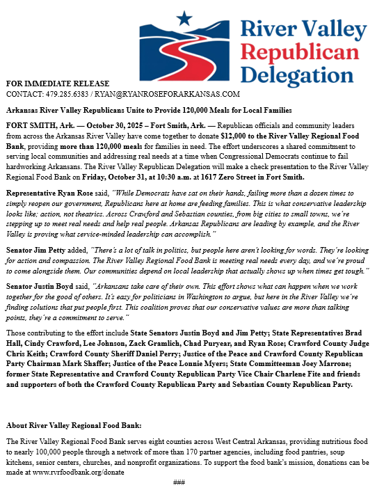 Arkansas River Valley Republicans Provide 120,000 Meals.
Proud to stand with fellow River Valley leaders as we donate to the River Valley Regional Food Bank helping families in need.
#arpx #arleg <a href="/KNWAFOX24/">KNWA & FOX24 News</a> <a href="/5NEWS/">5NEWS</a> <a href="/4029news/">4029news</a> <a href="/ConduitNews/">Conduit News</a> <a href="/TimesRecord/">Times Record</a> <a href="/DemGaz/">Democrat-Gazette</a> <a href="/ARGOP/">Arkansas GOP</a>