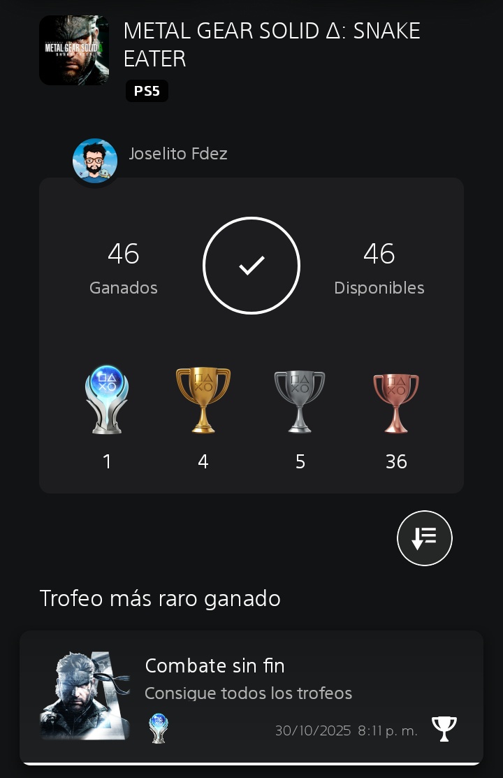 Joselito_Fdez's tweet image. #MetalGearSolid #SnakeEater 
Terminado con Trofeo Platino conseguido 🏆.

Es una maravilla visual y nostálgica en todos los sentidos. Un Remake muy bien pulido sin perder su esencia original. @KONAMI_ES 

Siempre será de mis juegos favoritos. 💯🔝 @PSPlusES @PlayStationES