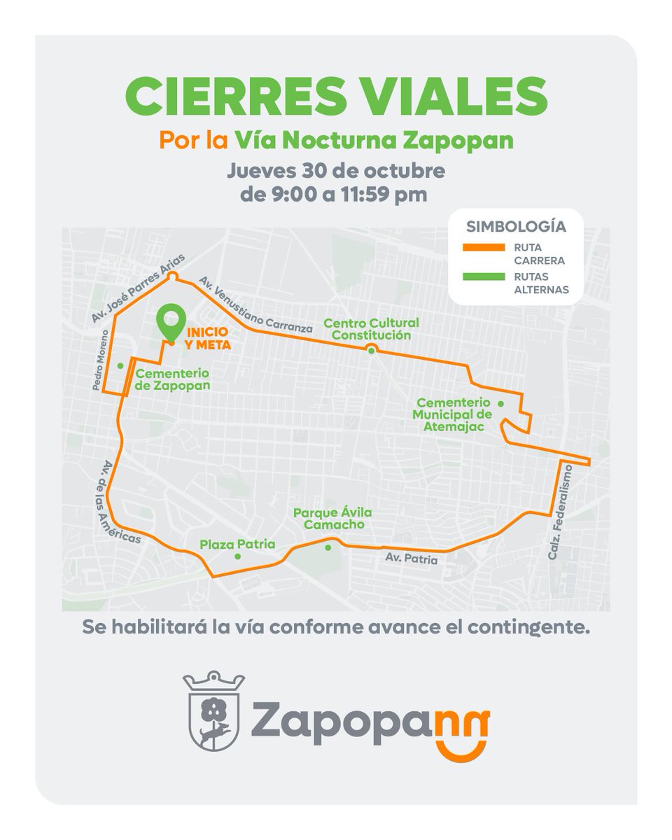 CIERRE VIAL ⚠️🚦

Por la Vía Nocturna de Zapopan 🚲 habrá modificaciones en la ruta, misma que será habilitada durante la circulación del contingente. ¡Toma tus precauciones!

🗓 Jueves 30 de octubre del 2025
⏰ 9:00 a 11:59 pm

Agradecemos tu comprensión