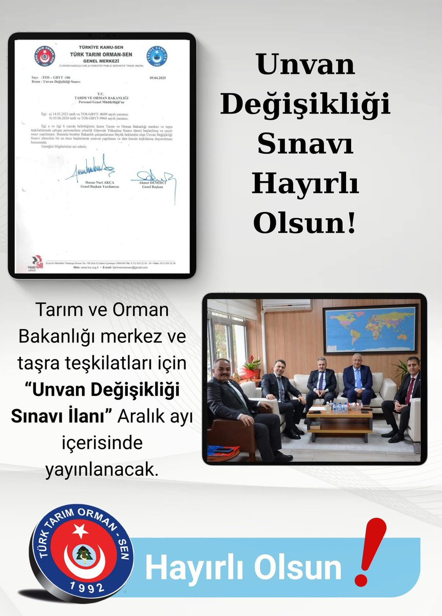 BİR HAKLI TALEBİMİZ DAHA KARŞILIK BULDU!

Sendikamız Genel Merkez Yönetim Kurulu olarak, daha önce Sayın Bakanımız İbrahim Yumaklı’ya ve Personel Genel Müdürümüz Sayın Seyfullah Arslantürk’e yazılı ve sözlü olarak talepte bulunduğumuz “Unvan Değişikliği Sınavı" ile ilgili
