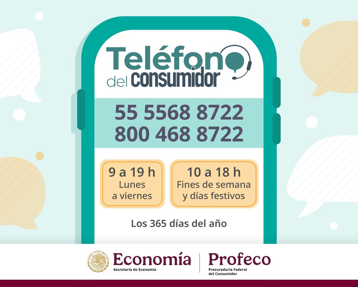¡La <a href="/Profeco/">Profeco</a> les escucha y acompaña!

Soliciten asesoría o reporten las irregularidades y prácticas abusivas de los proveedores en el #TeléfonoDelConsumidor.

☎️ 🎶 (555) 5 6 8 8 7 22 🎶