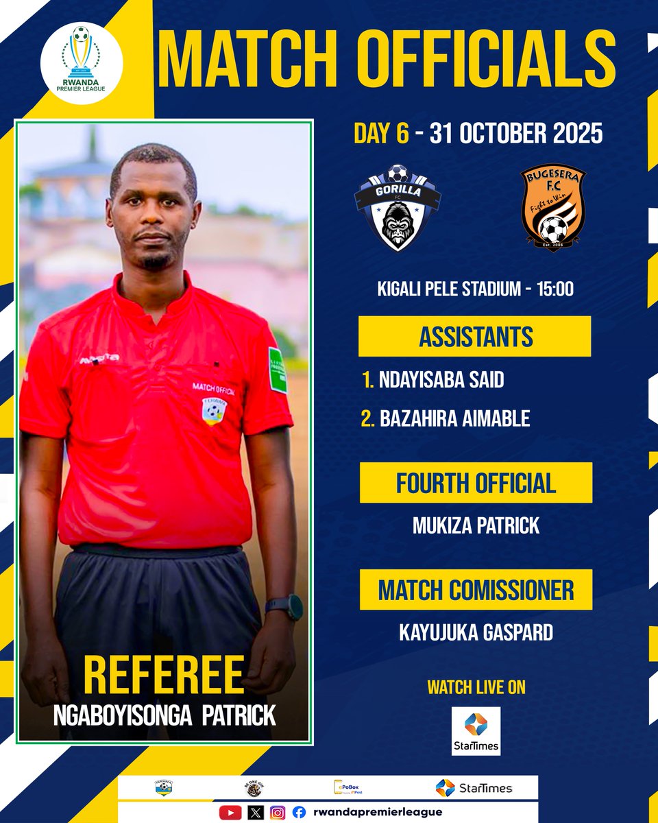 Abasifuzi bari buyobore umukino w'umunsi wa Gatandatu wa Rwanda Premier League wo kuri uyu wa Gatanu saa 15:00, Gorilla FC iri bwakiremo Bugesera FC kuri Kigali Pelé Stadium. 

#RwandaPremierLeague #RPL2026