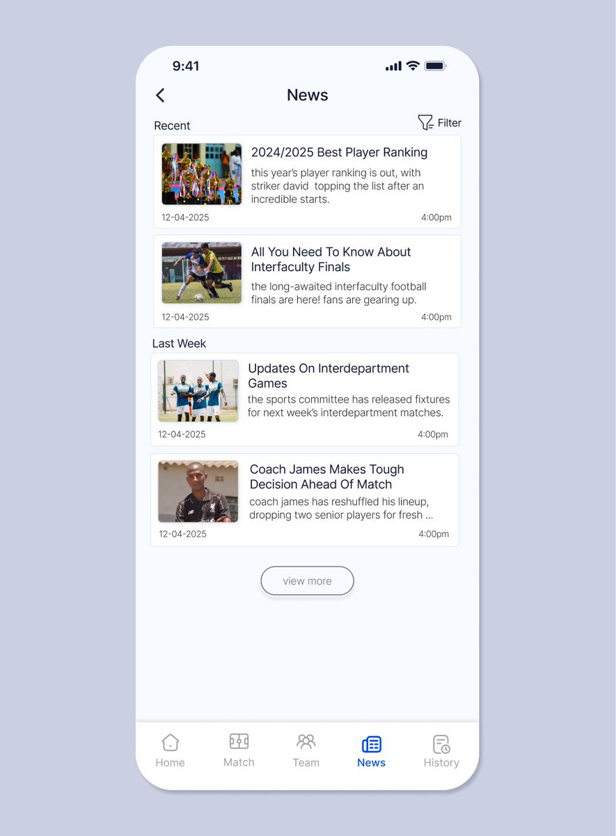 malemobed's tweet photo. Day: 10
I designed the news page, for students to have easy access to the school football news. 
From here students will receive first-hand information about the school past and upcoming matches.

 #UIDesign #UIUXDesign #FootballApp #DesignJourney https://t.co/nKQEe5lR7q